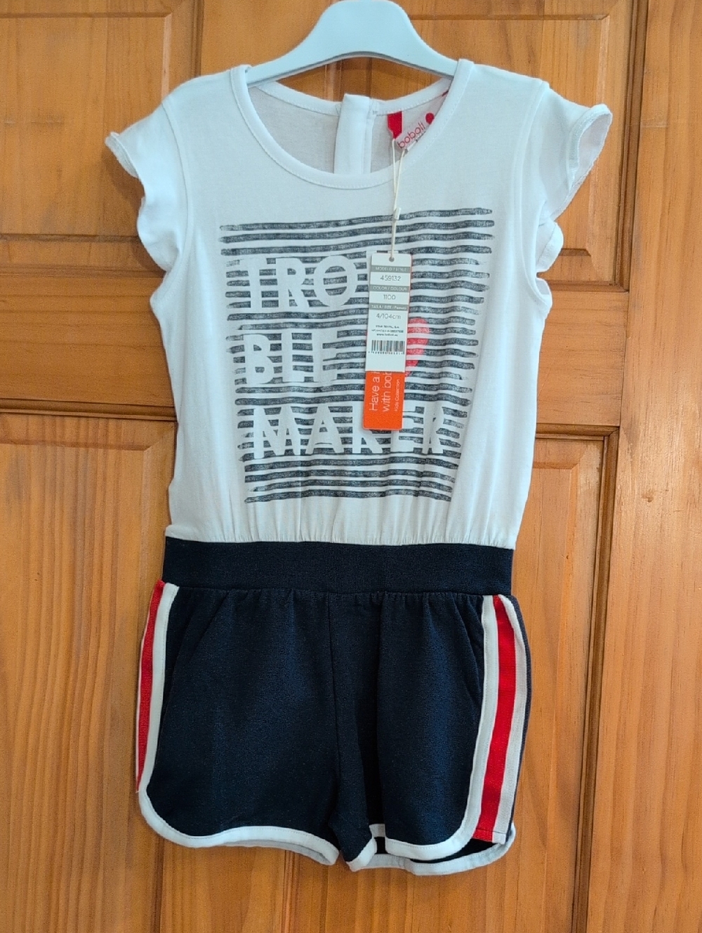 Boboli Girls Navy and White Casual Shorts Romper with Red Stripe